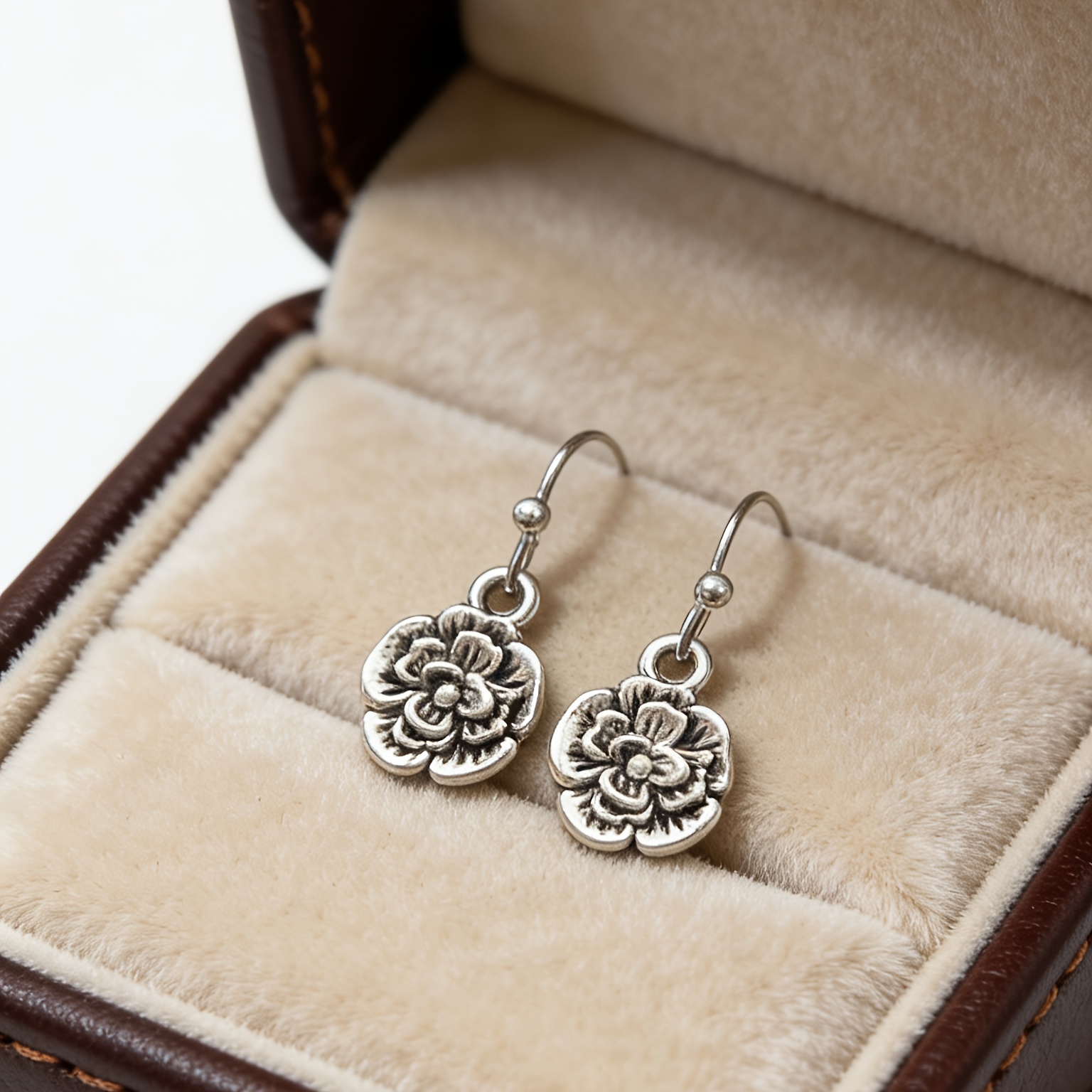 Women's Silvery Floral Drop Earrings — Vintage Distressed Style